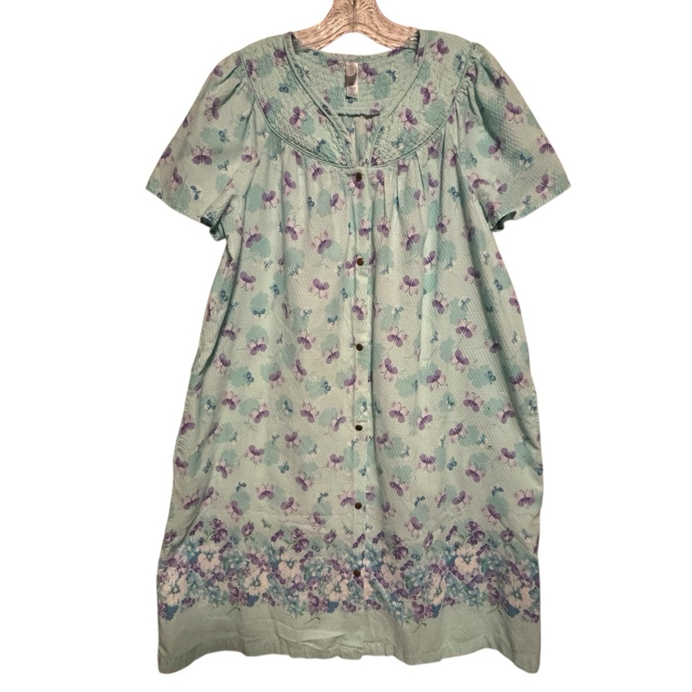 VTG Simply Basic LG floral butterfly print snap front robe house dress patio